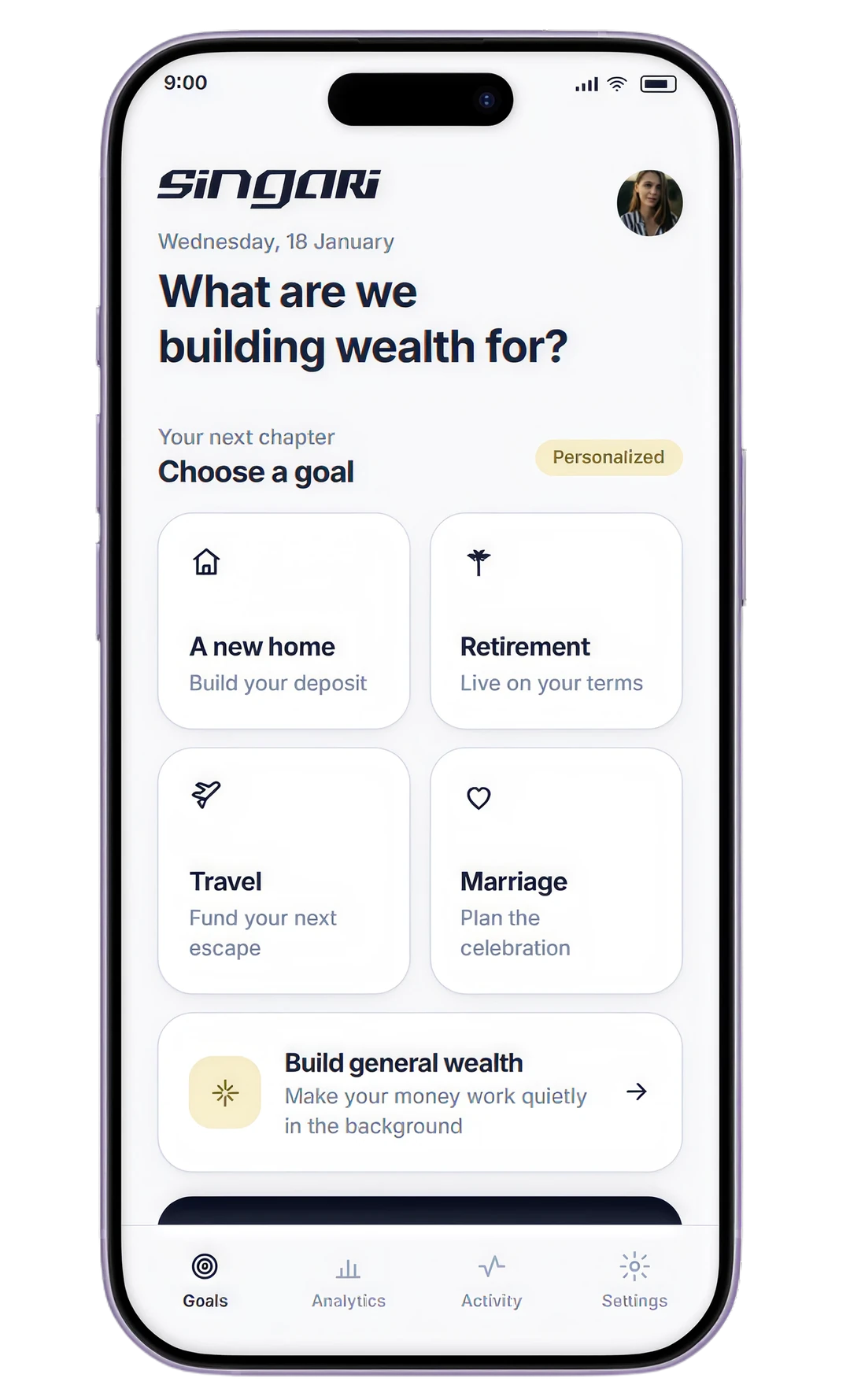 Singari Goal selection interface